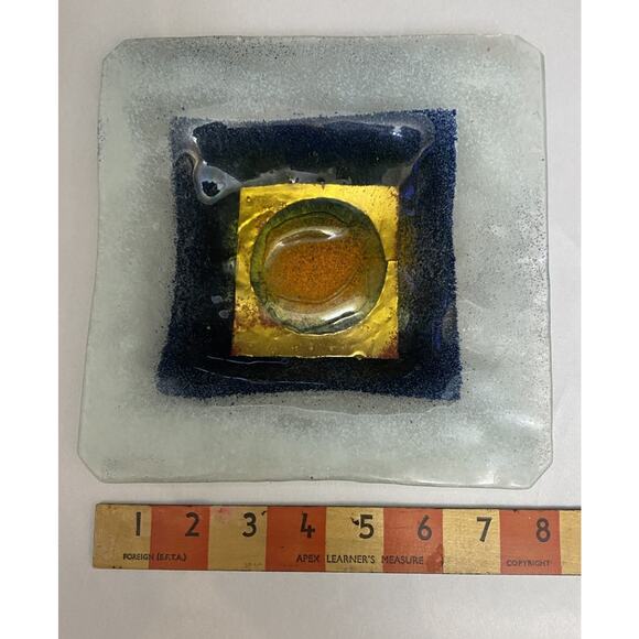 Vintage Israeli Hanna Bahral Art glass Gilt Navy Orange Square Dish 8" x8" - Picture 2 of 5
